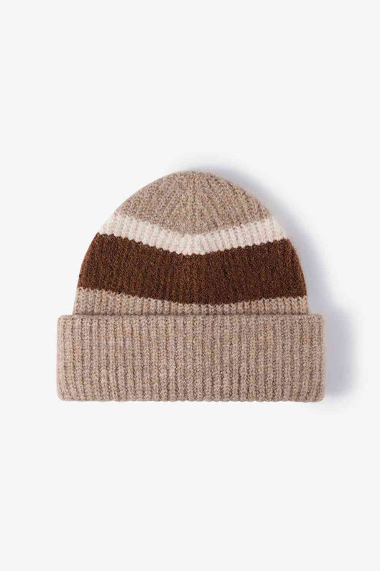 Tricolor Cuffed Knit Beanie Brown One Size