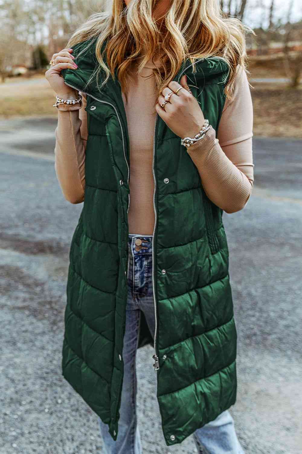 Longline Hooded Sleeveless Puffer Vest Green