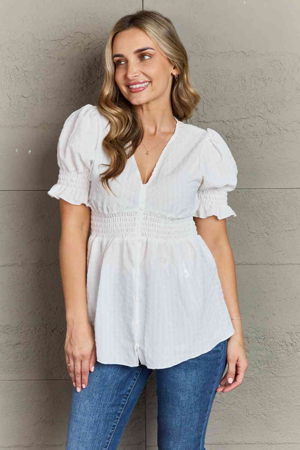 Culture Code Sweet Serenity Full Size V-Neck Puff Sleeve Button Down Top White