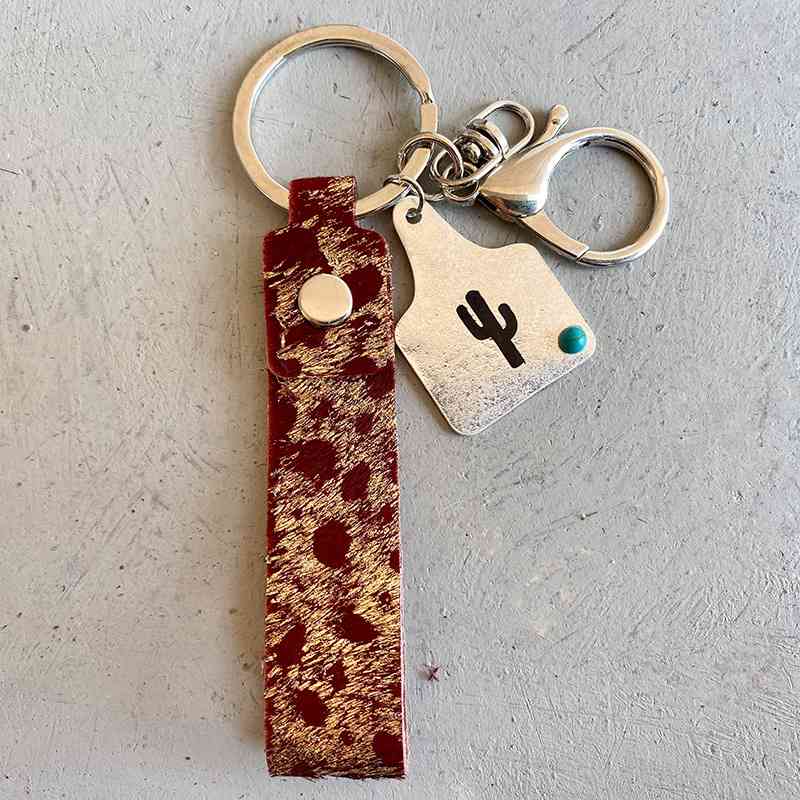 Genuine Leather Alloy Keychain Wine One Size