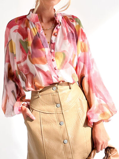 Printed Button Up Balloon Sleeve Shirt