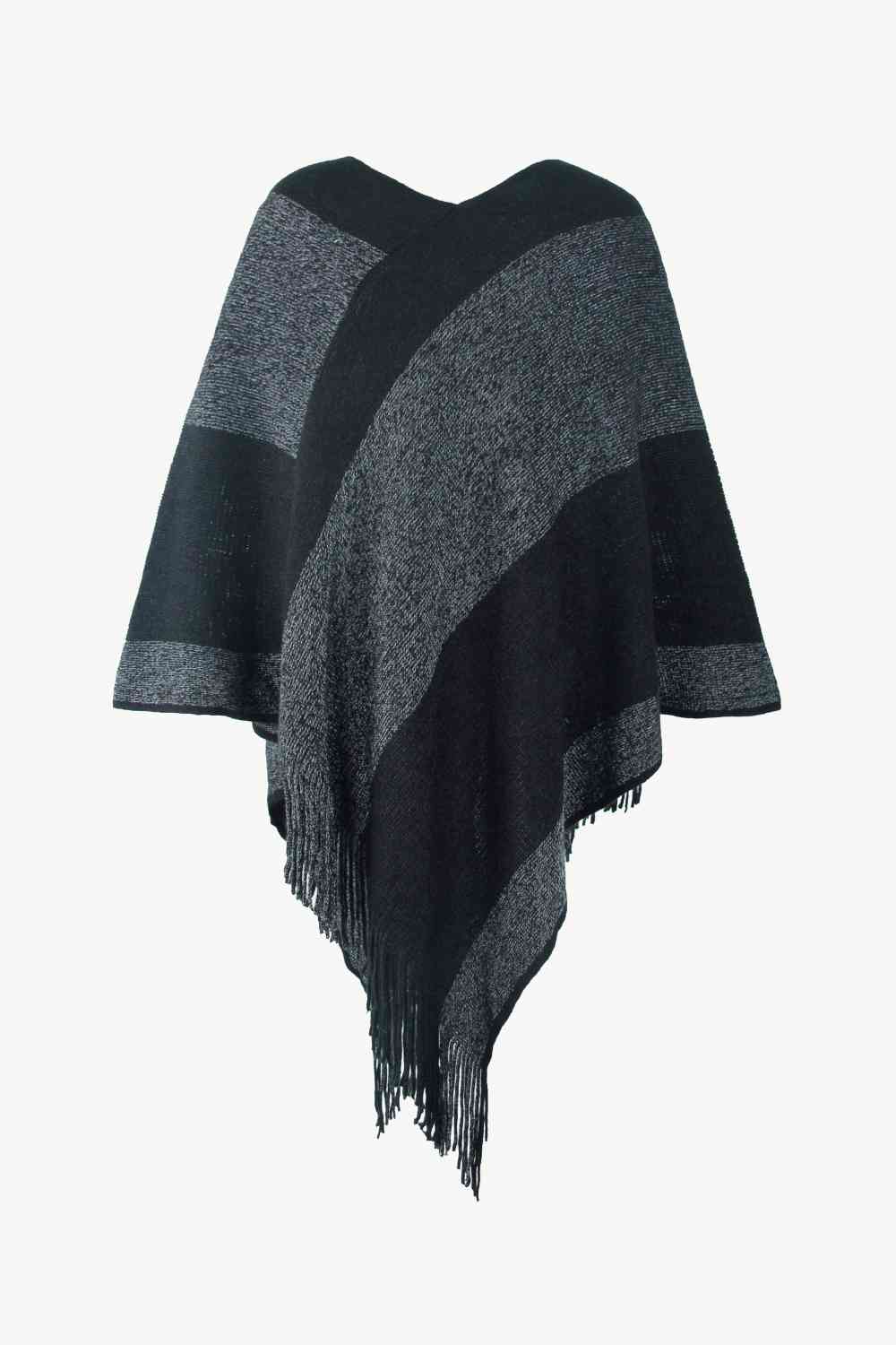 Color Block Fringe Hem Poncho Black One Size