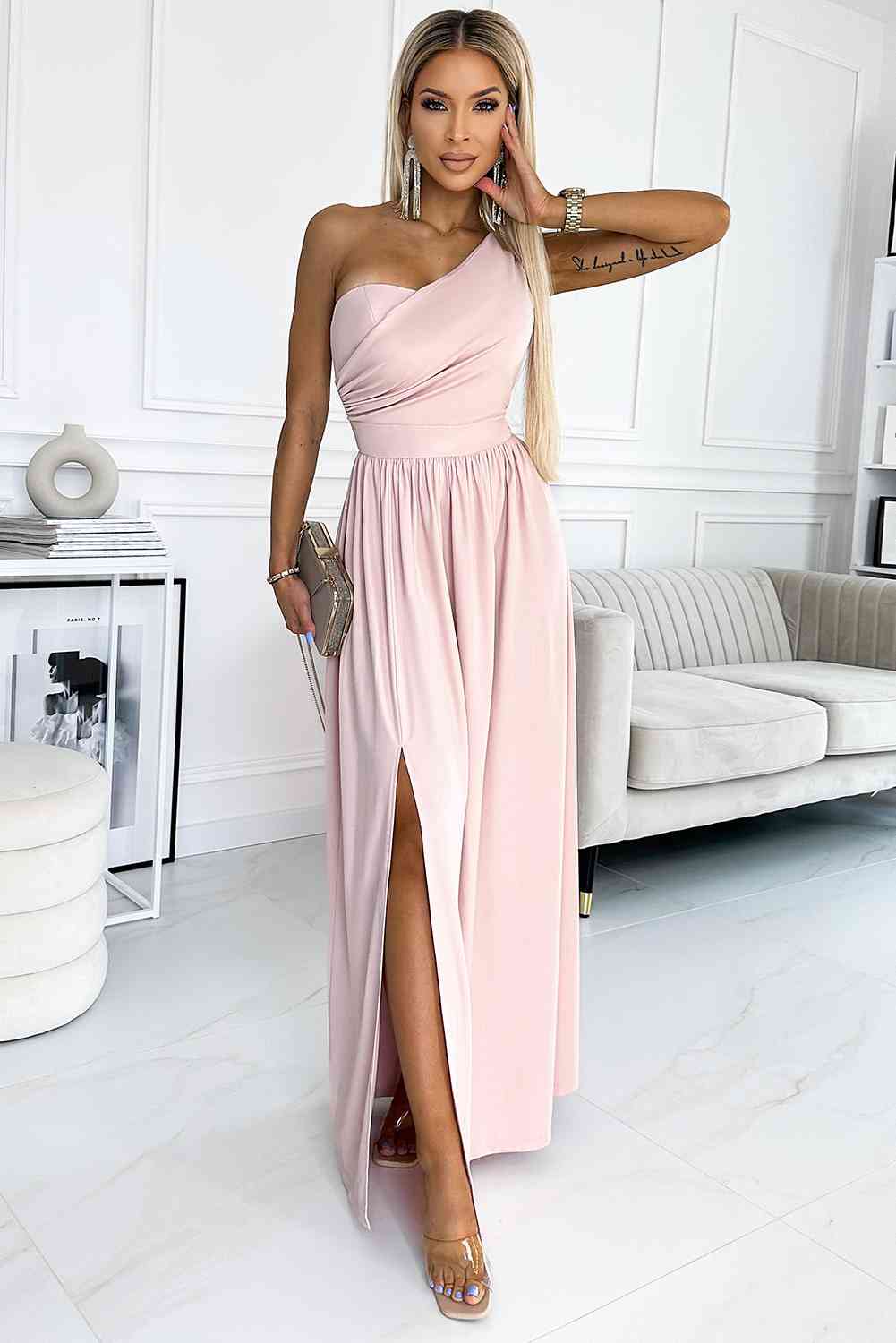 One-Shoulder Slit Maxi Dress Blush Pink