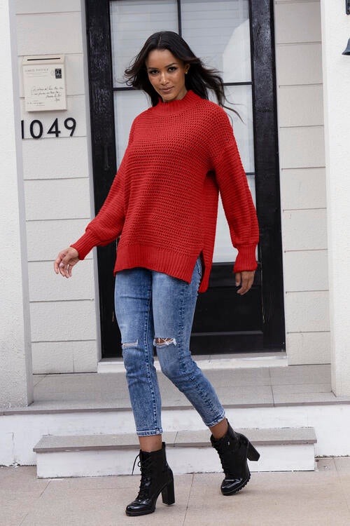 Round Neck Slit Sweater Deep Red