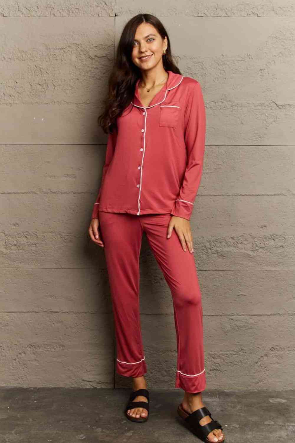 Ninexis Buttoned Collared Neck Top and Pants Pajama Set Deep Red