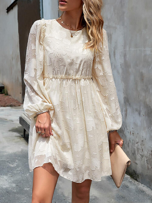 Ruffle Trim Balloon Sleeve Mini Dress Cream