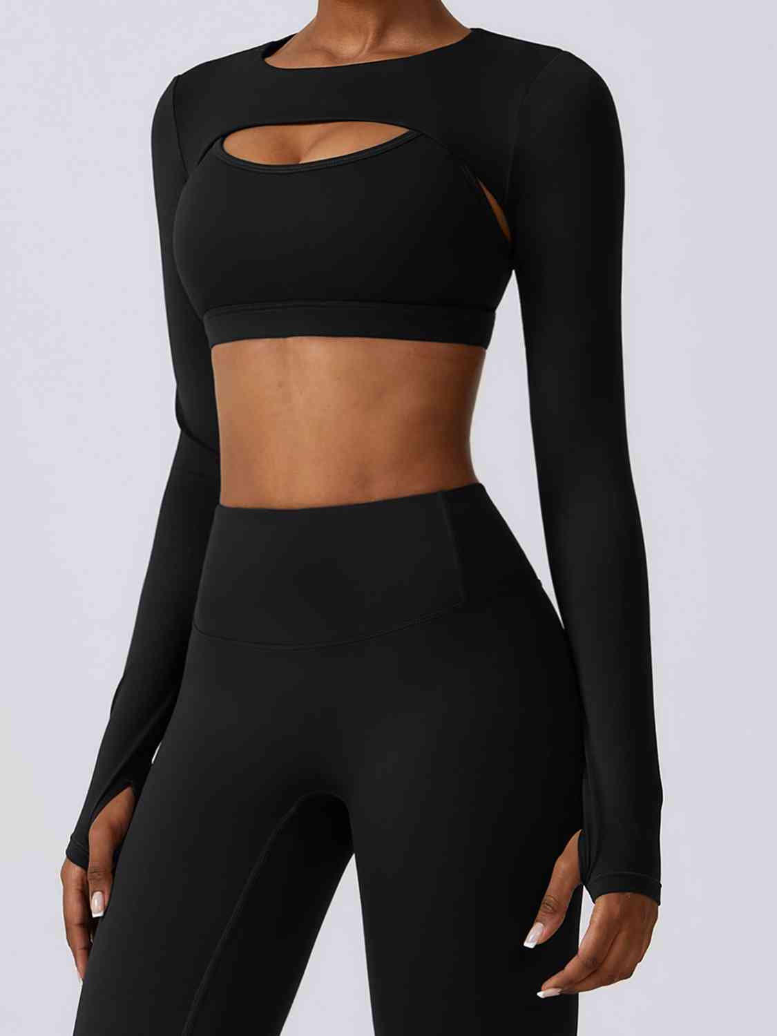 Cropped Cutout Long Sleeve Sports Top Black