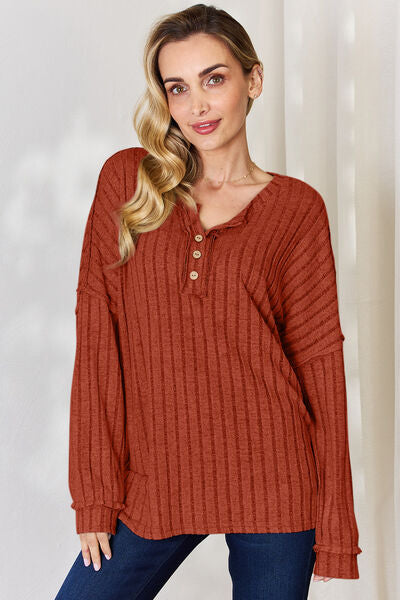 Basic Bae Full Size Ribbed Half Button Long Sleeve T-Shirt Brick Red