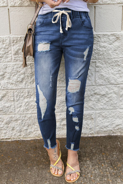Drawstring Distressed Raw Hem Jeans with Pockets Medium