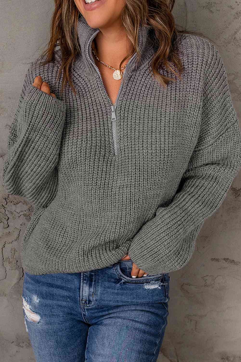 Woven Right Half Zip Rib-Knit Dropped Shoulder Sweater Gray