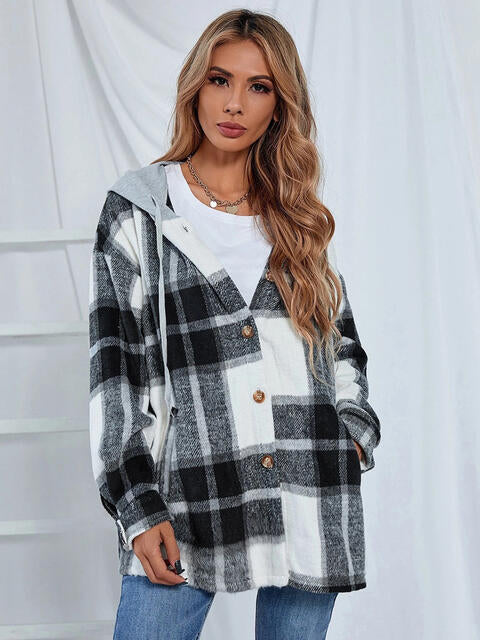 Plaid Hooded Jacket with Pockets Black