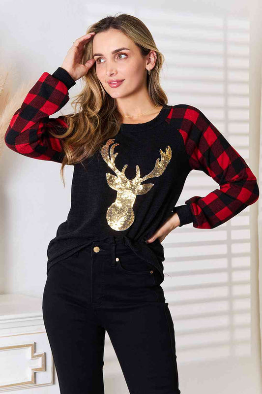 Heimish Full Size Sequin Reindeer Graphic Plaid Top Black