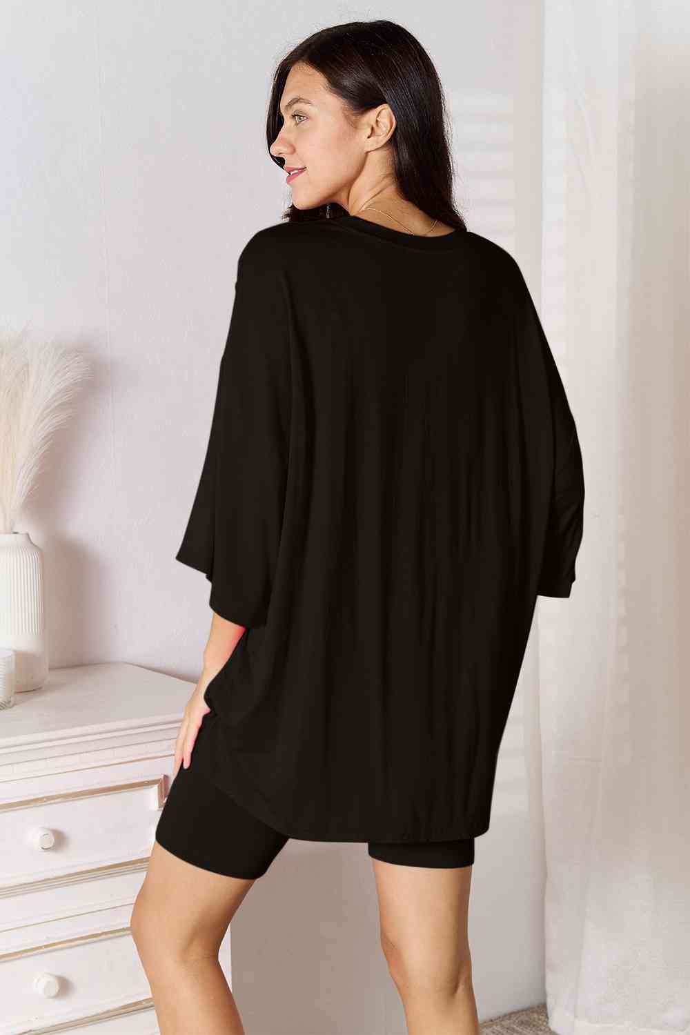 Basic Bae Full Size Soft Rayon Three-Quarter Sleeve Top and Shorts Set Black