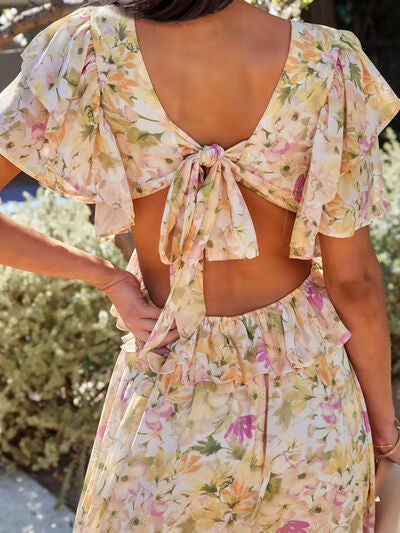 Backless Ruffled Floral V-Neck Dress