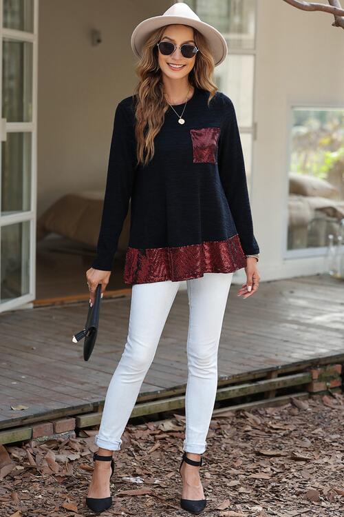 Sequin Patch Pocket Ruffle Hem Top Wine