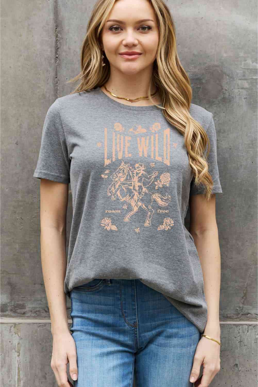 Simply Love Simply Love Full Size LIVE WILD ROAM FREE Graphic Cotton Tee Charcoal