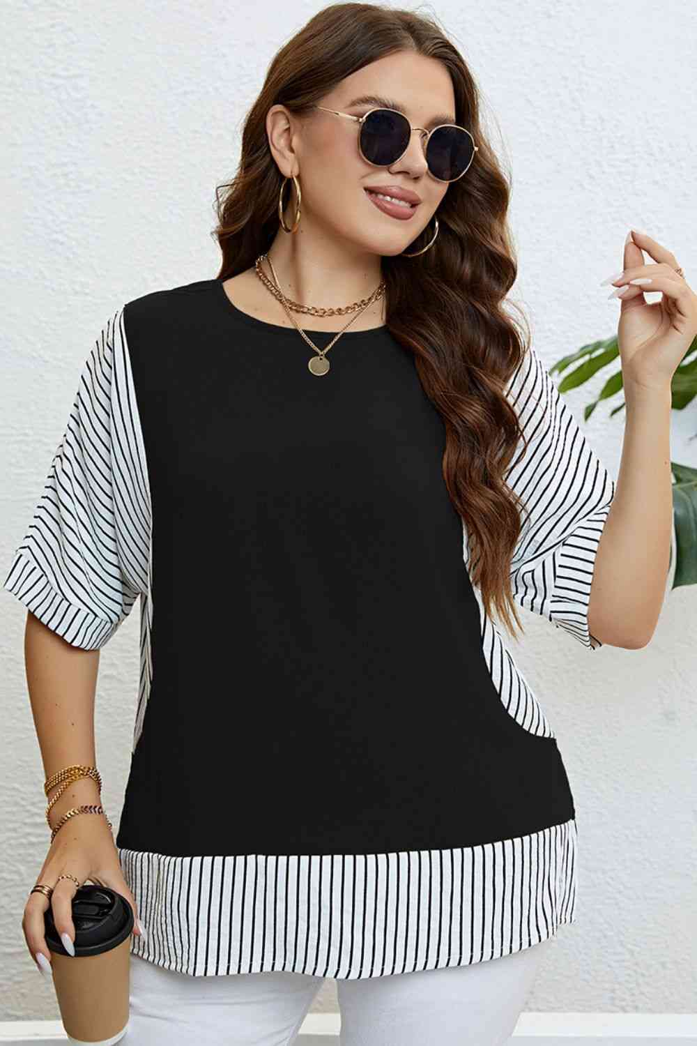 Plus Size Striped Round Neck Half Sleeve Top Black