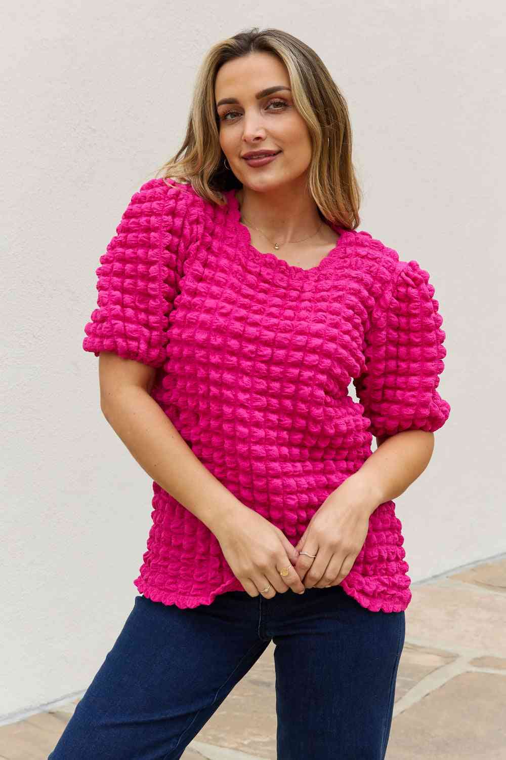 And The Why Full Size Bubble Textured Puff Sleeve Top Hot Pink