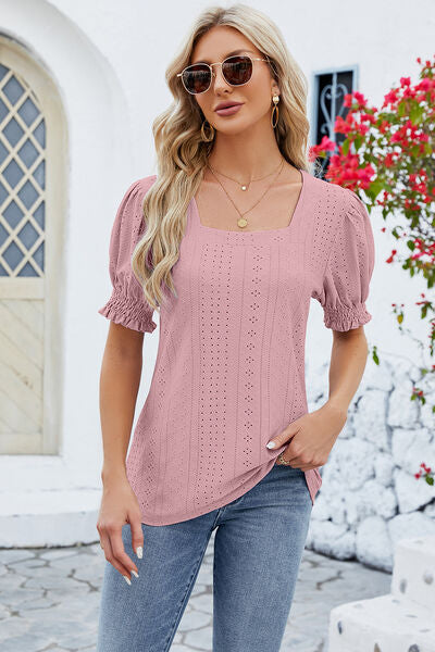 Eyelet Square Neck Short Sleeve T-Shirt Moonlit Mauve