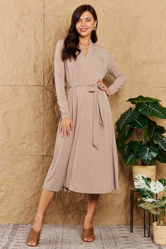 OneTheLand Hold Me Close Open Front Maxi Cardigan Taupe