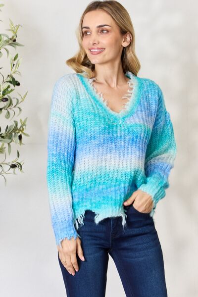 BiBi Tie Dye Frayed Hem Sweater Aqua Blue Multi