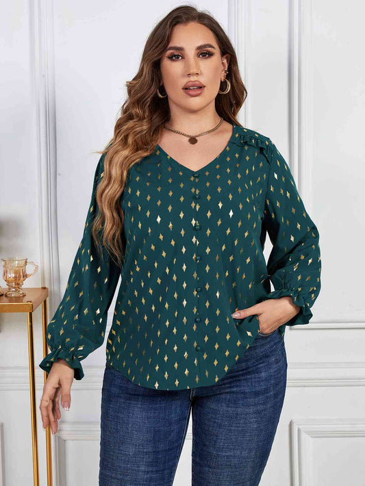 Melo Apparel Plus Size Printed Frill Trim Flounce Sleeve Blouse Green