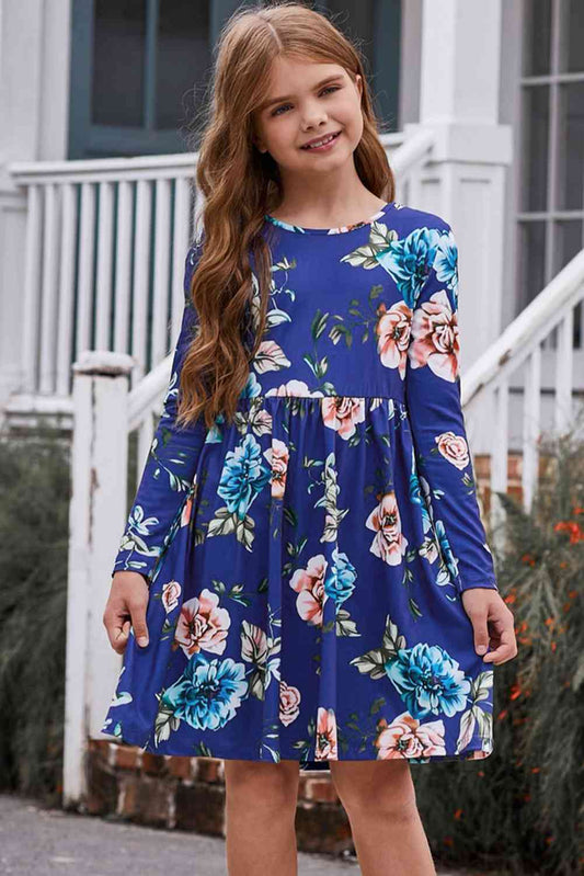 Girls Floral Long Sleeve Dress with Pockets Royal Blue