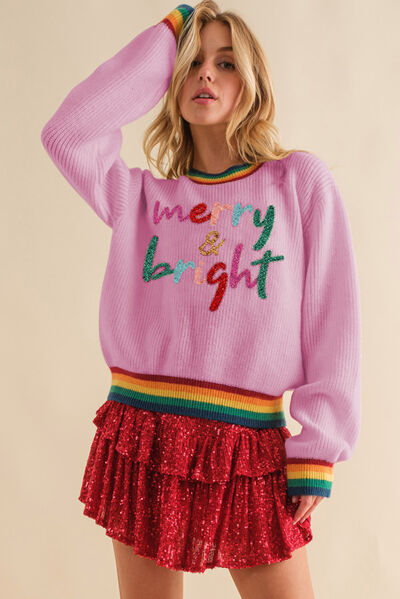 MERRY & BRIGHT Ribbed Round Neck Sweater Blush Pink
