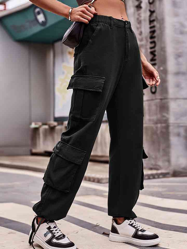 Elastic Waist Cargo Jeans Black