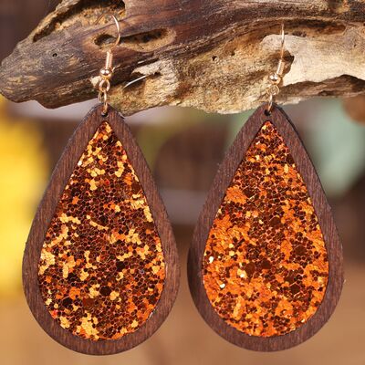 Sequin Wood Teardrop Earrings Terracotta One Size