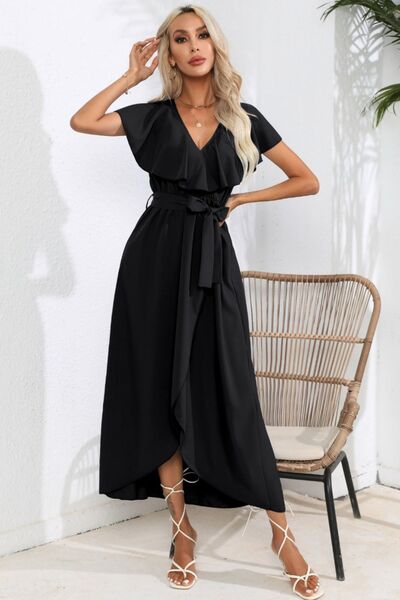 Ruffled Tied V-Neck Midi Dress Black