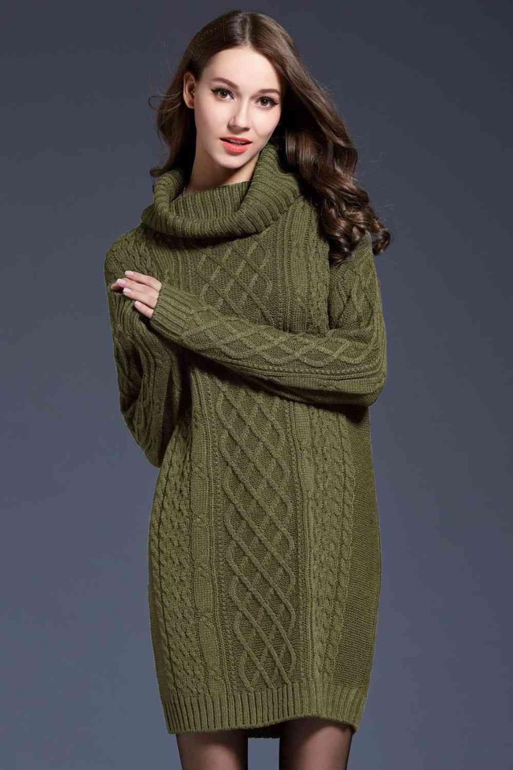 Woven Right Full Size Mixed Knit Cowl Neck Dropped Shoulder Sweater Dress Green