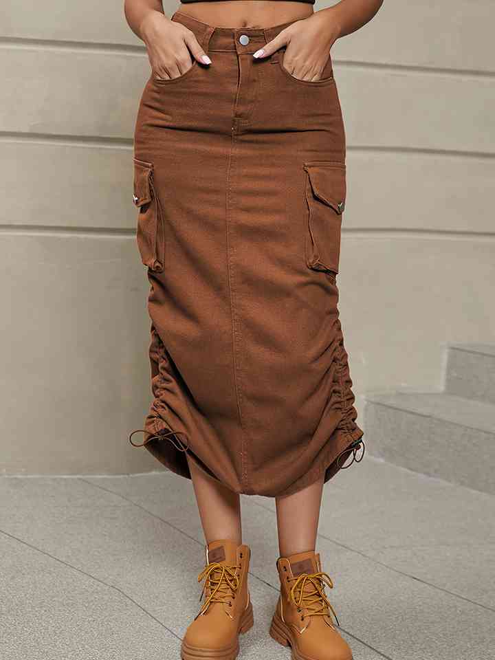 Drawstring Denim Skirt with Pockets Chestnut
