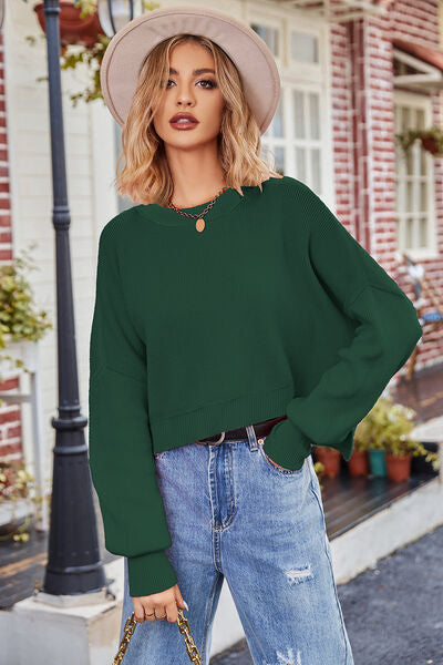 Round Neck Drop Shoulder Long Sleeve Sweater Green