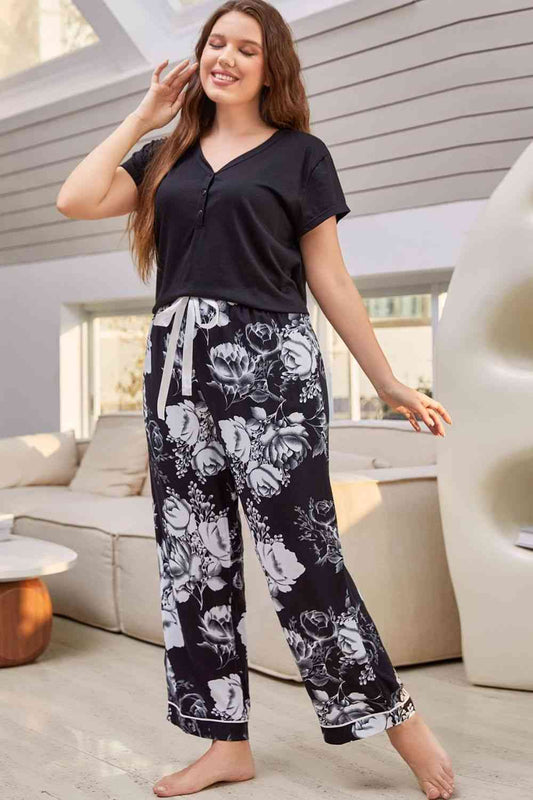 Full Size V-Neck Top and Floral Pants Lounge Set Black