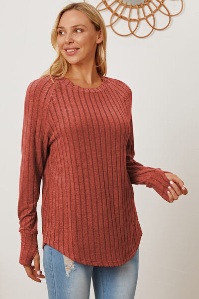 Basic Bae Full Size Ribbed Thumbhole Sleeve T-Shirt Brick Red