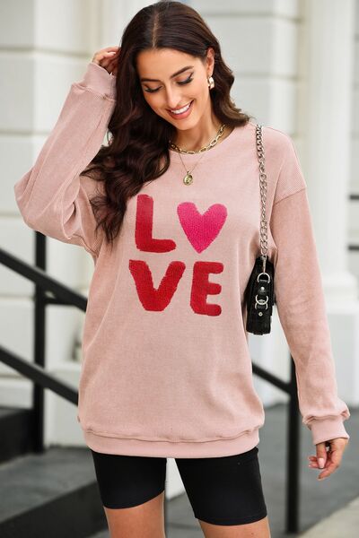 LOVE Round Neck Dropped Shoulder Sweatshirt Dusty Pink