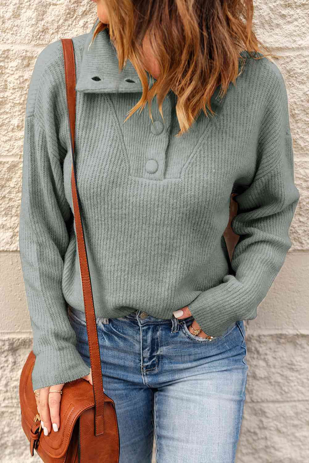 Double Take Half Button Dropped Shoulder Ribbed Sweater Gray