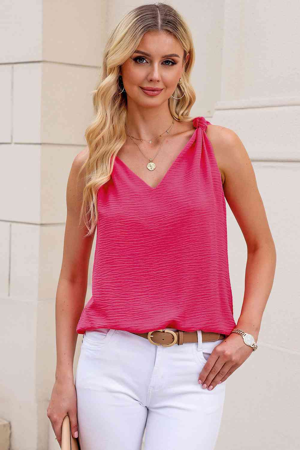 Knot Detail V-Neck Tank Hot Pink