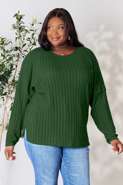 Basic Bae Full Size Ribbed Round Neck Slit Knit Top Green