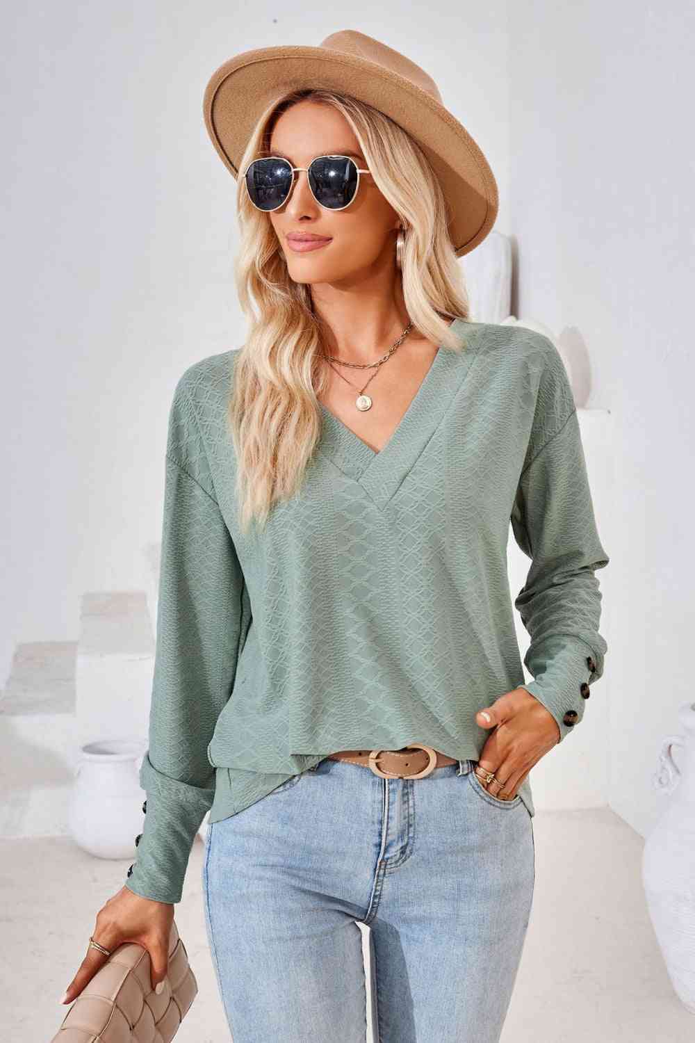 V-Neck Long Sleeve Blouse Sage