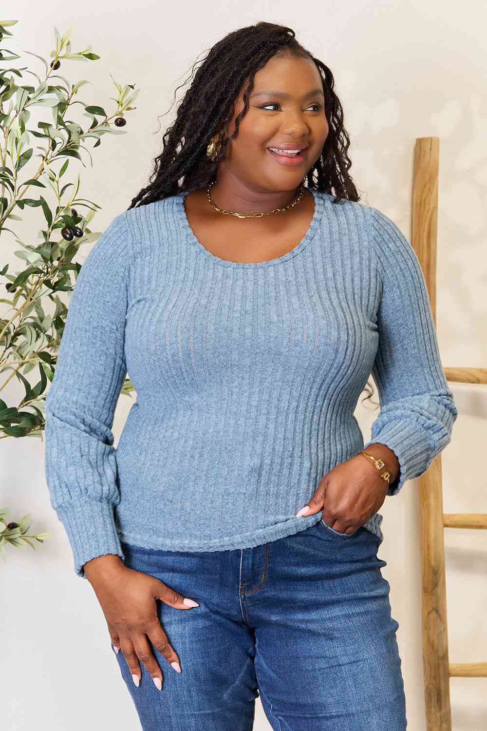 Double Take Ribbed Round Neck Lantern Sleeve Blouse Dusty Blue