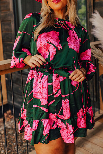 Plus Size Printed Lantern Sleeve Ruffle Hem Dress Green