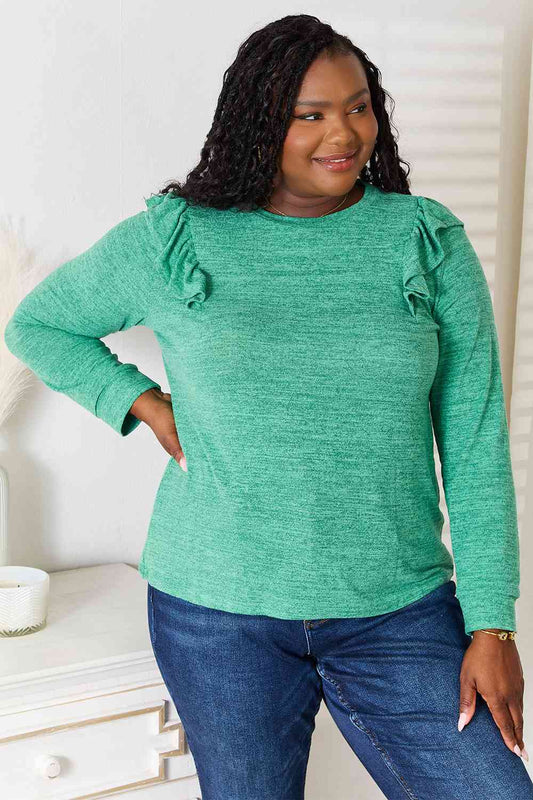 Double Take Ruffle Shoulder Long Sleeve T-Shirt Green