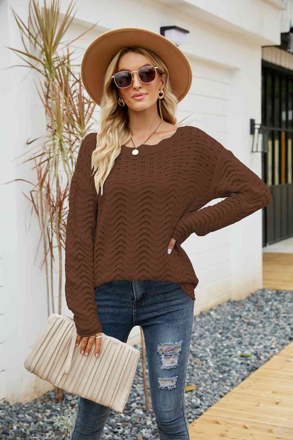 Woven Right Scalloped Boat Neck Openwork Tunic Sweater Brown