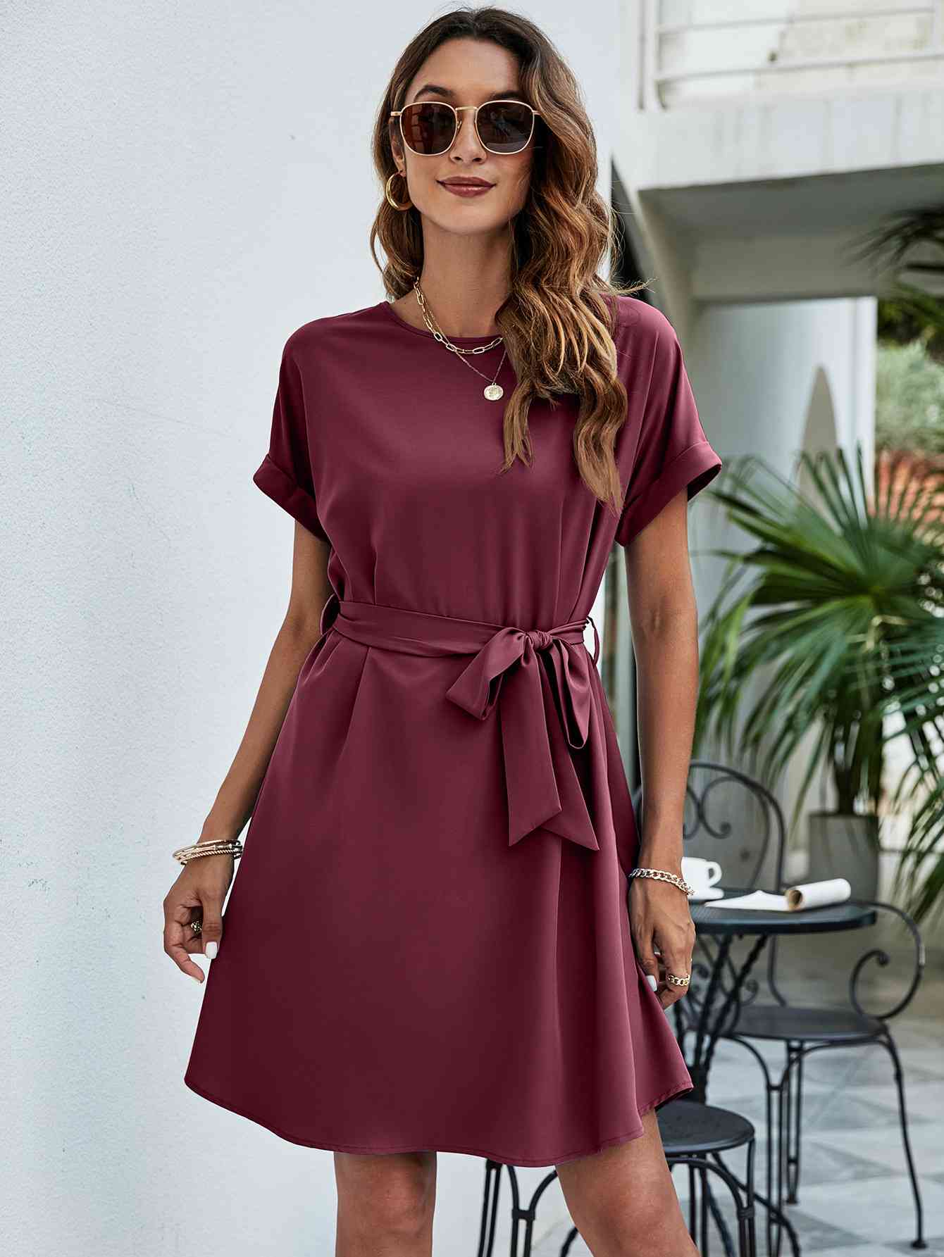 Belted Round Neck Curved Hem Dress Wine