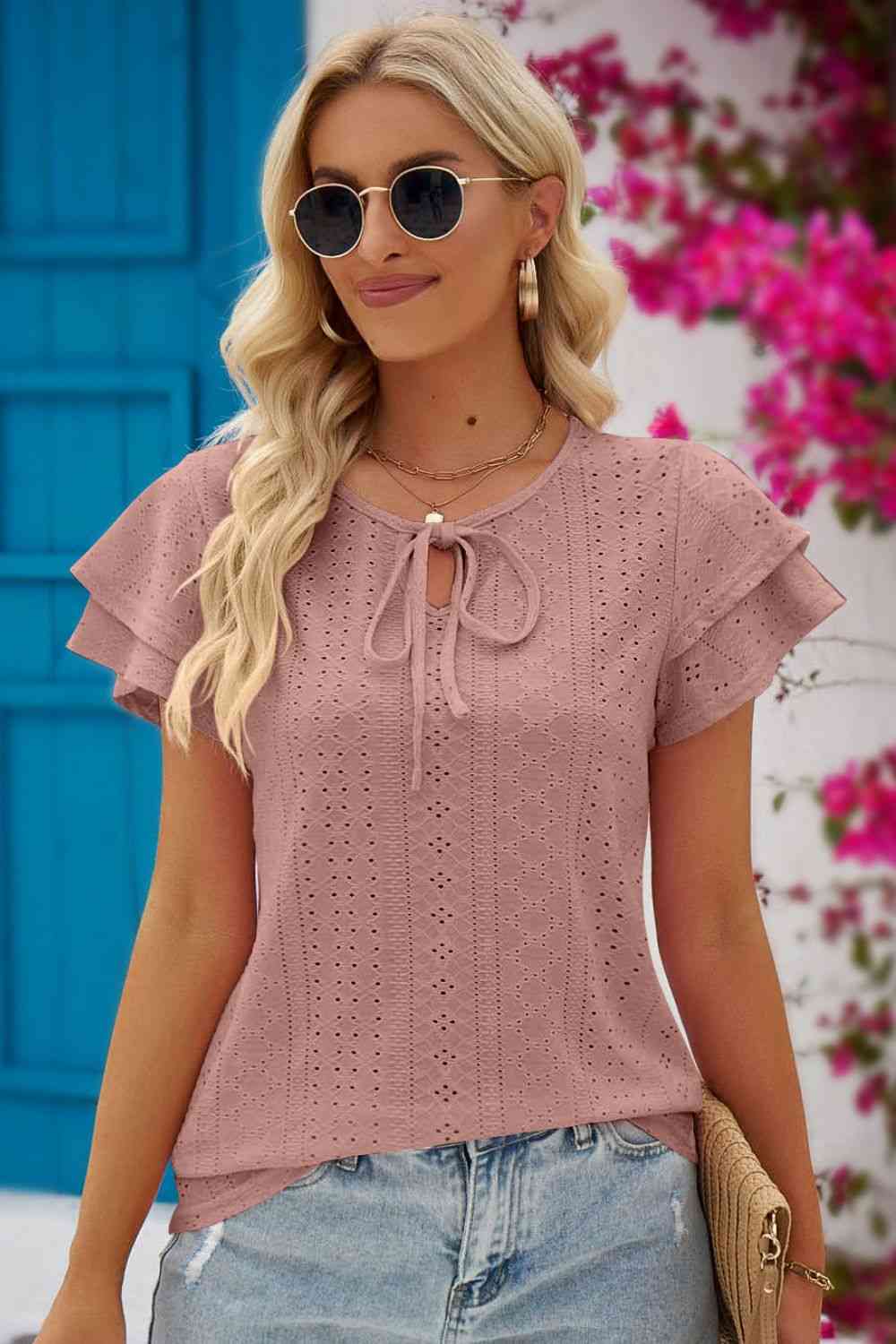 Eyelet Tie-Neck Flutter Sleeve Blouse Light Mauve