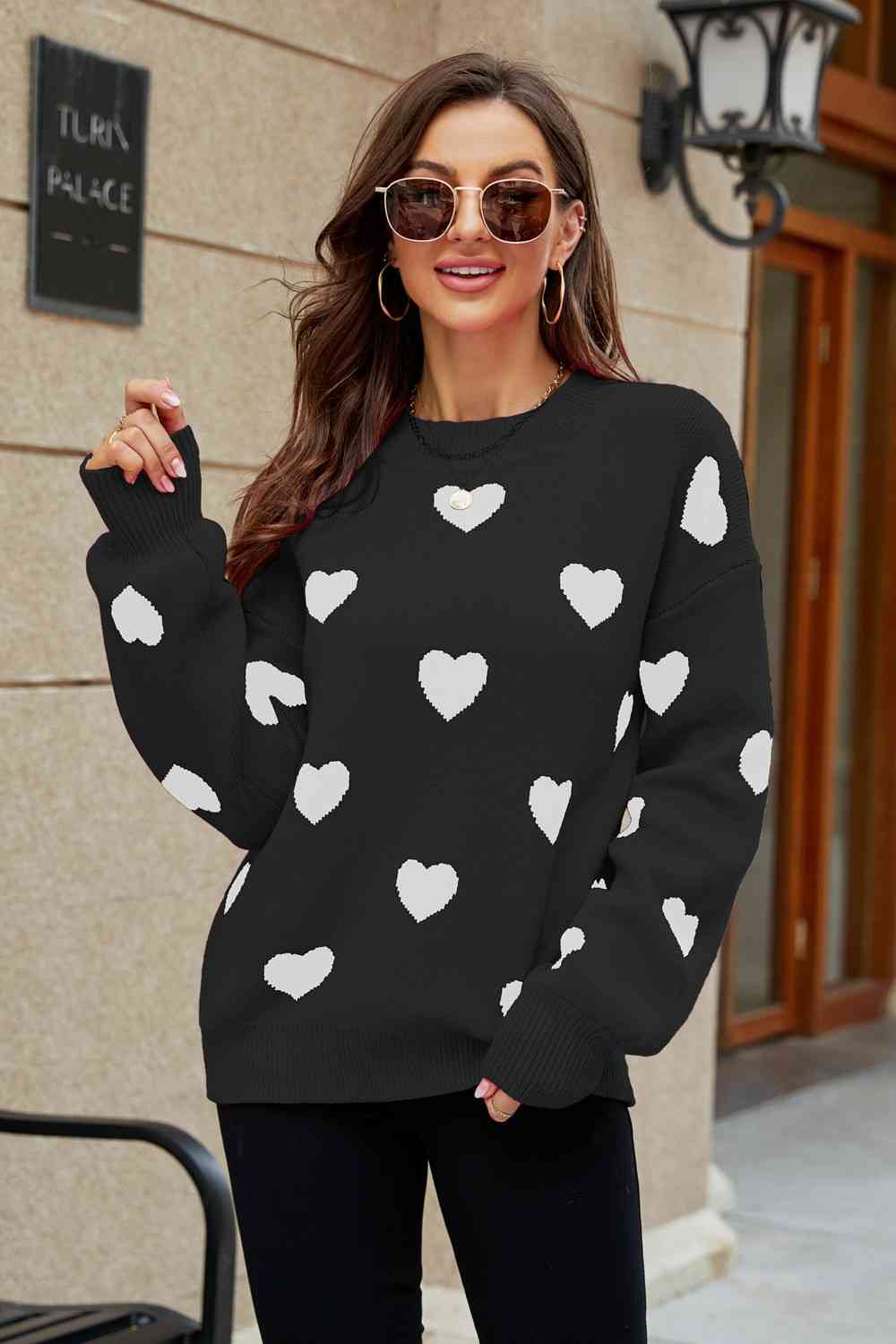 Woven Right Heart Pattern Lantern Sleeve Round Neck Tunic Sweater Black