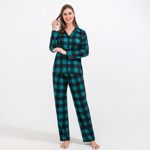 Women Plaid Shirt and Pants Set Teal