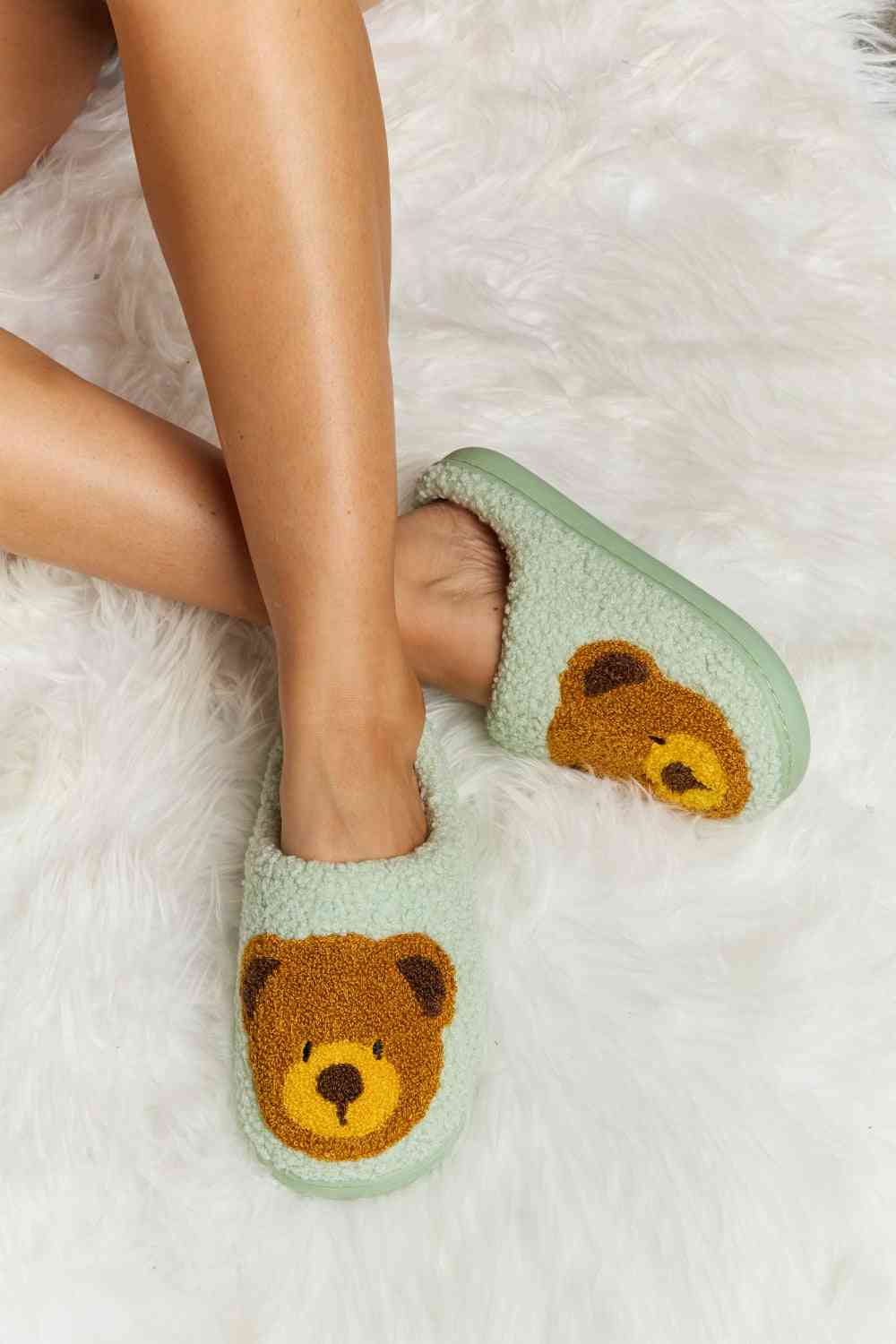 Melody Teddy Bear Print Plush Slide Slippers Gum Leaf